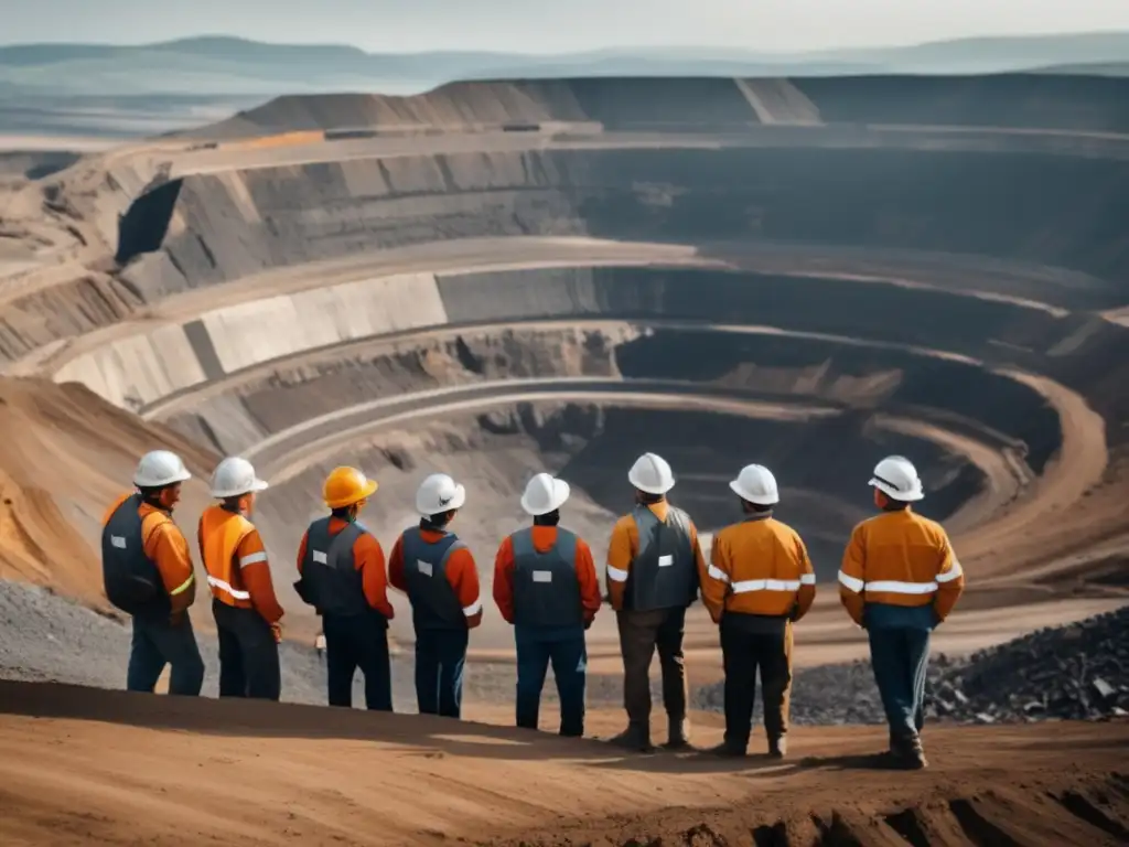 Revoluciones mineras América: Mineros unidos frente a una mina a cielo abierto, simbolizando fuerza y determinación en un paisaje montañoso