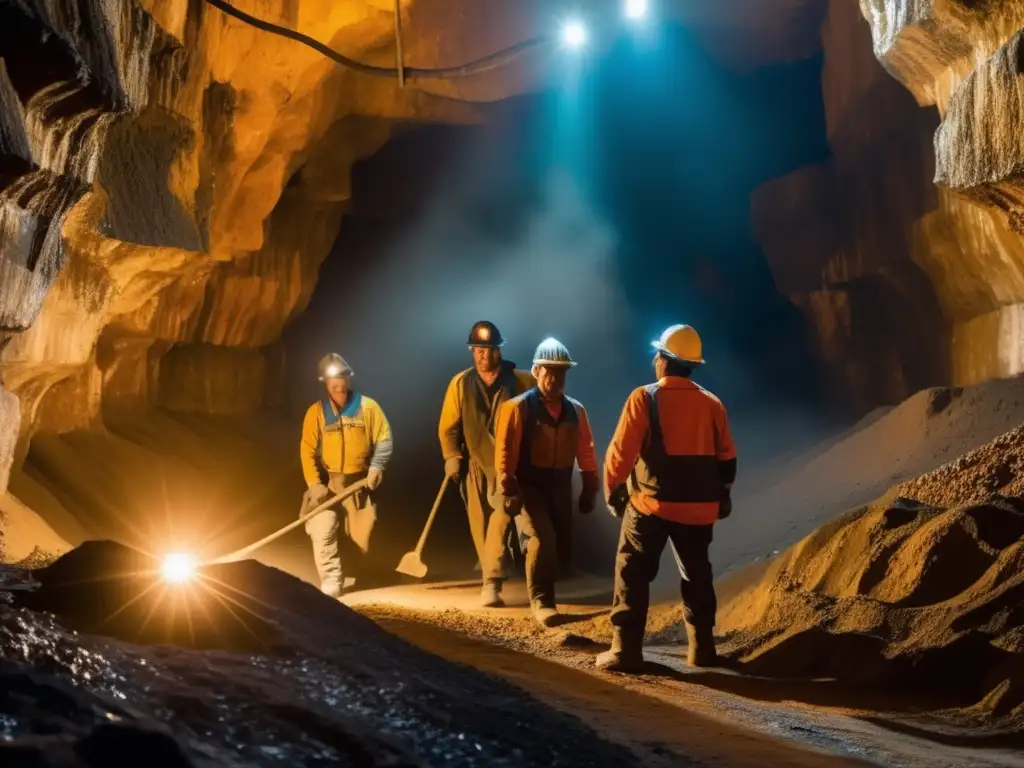 Mineros trabajando en mina oscura, con condiciones desafiantes y peligrosas