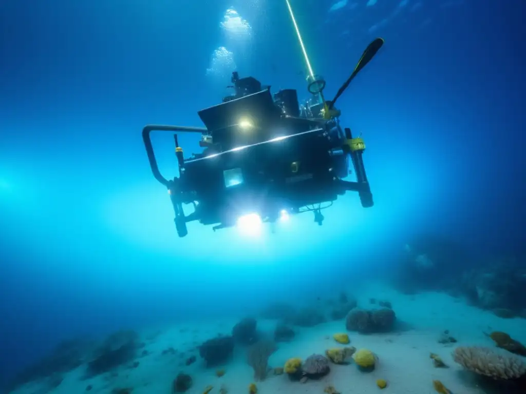 Impacto ambiental de la minería submarina: majestuosa imagen del fondo marino con ROV, minerales y vida marina