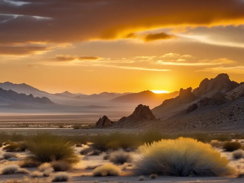 Dilema de extracción oro sostenible en el desierto de Mojave al atardecer