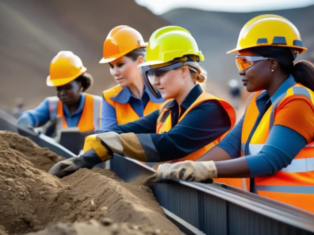 Impacto de la minería en la salud femenina: mujeres trabajadoras protegidas en una mina, cumpliendo regulaciones y utilizando equipo de seguridad