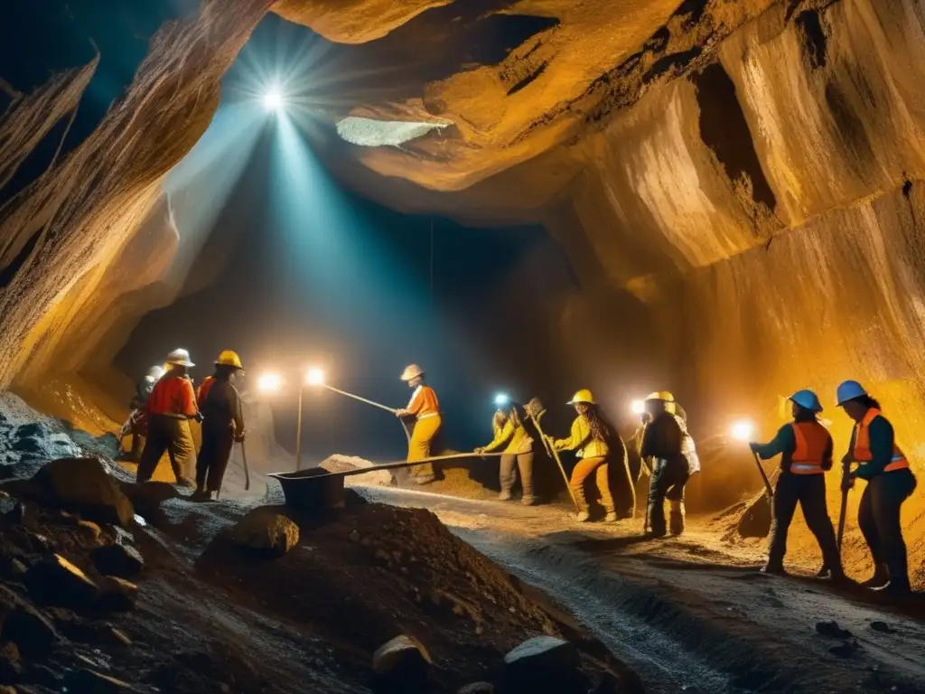 Mujeres en la minería sostenible trabajando con determinación y resiliencia en un túnel subterráneo iluminado por sus lámparas