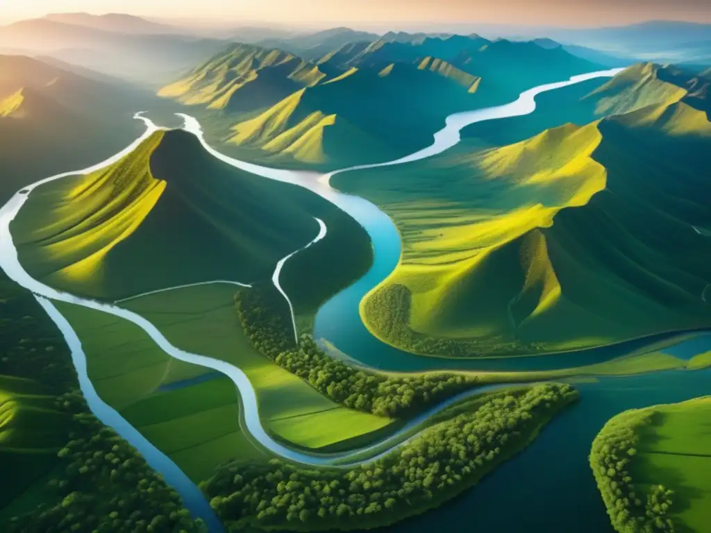 Vista aérea impresionante de belleza natural, con bosques verdes y montañas majestuosas