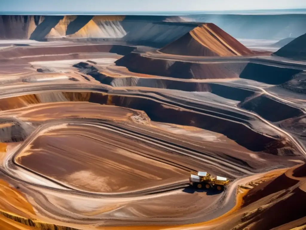 Habilidades necesarias para formación en minería: Imagen impresionante de una mina a cielo abierto que muestra la magnitud y complejidad del sitio, con camiones gigantes y maquinaria extractora en acción