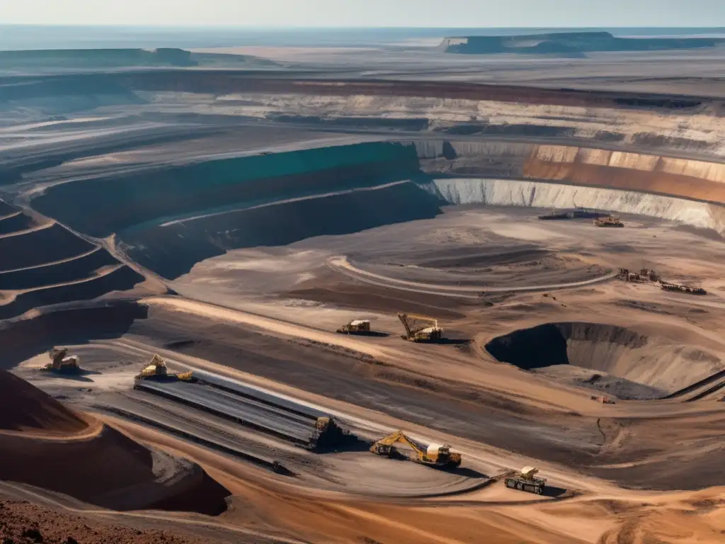 Gestión sostenible de residuos mineros en una imagen de mina a gran escala, con maquinaria y camiones, colores naturales y vegetación