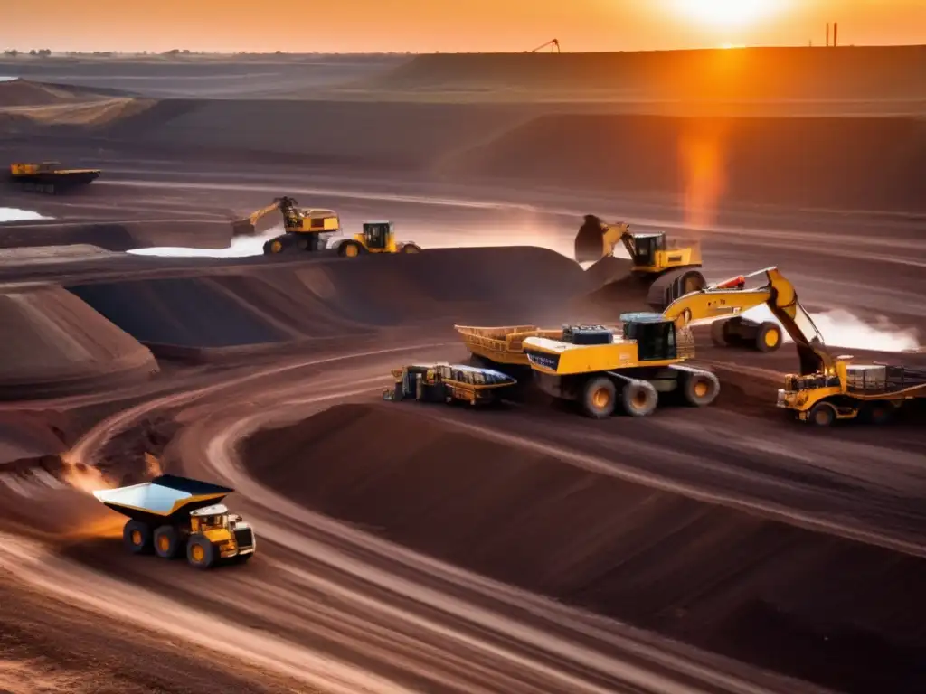 Imagen: Minería a cielo abierto al atardecer, resaltando la vastedad y escala de la operación