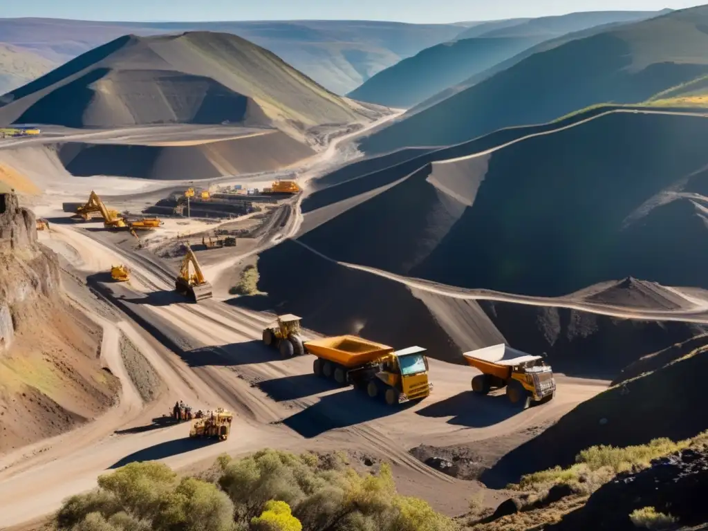 Diálogo en conflictos mineros: vista de mina con maquinaria, trabajadores y paisaje montañoso