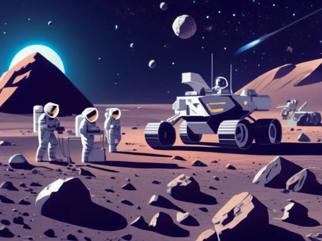 Desafíos éticos en minería interplanetaria: astronautas trabajando en una operación futurista de extracción de minerales en un asteroide