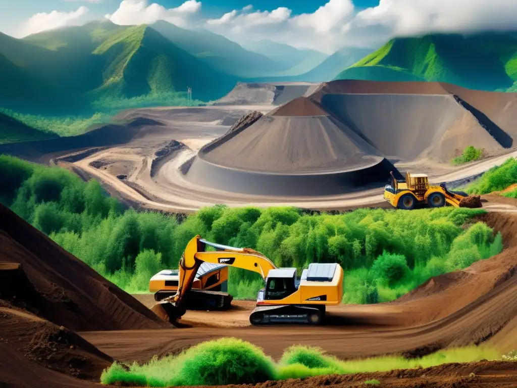 Promoción ética en minería sostenible con trabajadores en montañas y excavadora