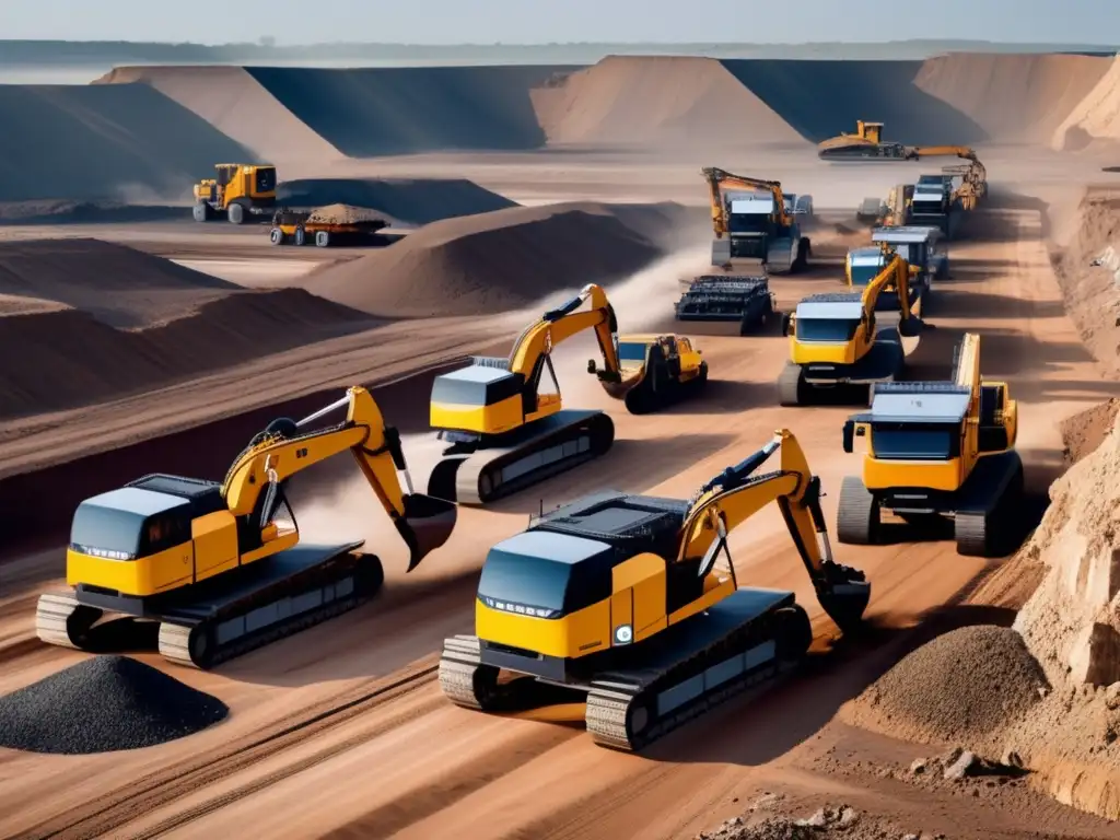 Beneficios de la robótica en la minería: Excavadoras y camiones autónomos trabajando eficientemente en una mina, con montañas imponentes al fondo