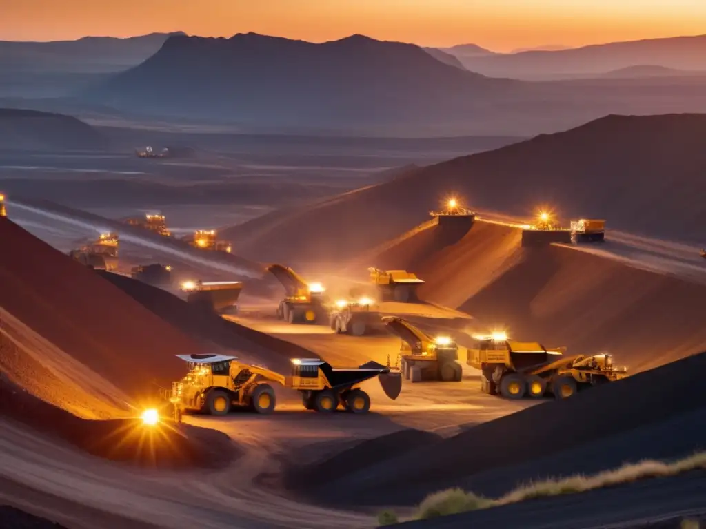 Tecnología sostenible en exploración minera: moderna operación minera al atardecer con maquinaria iluminada por el sol