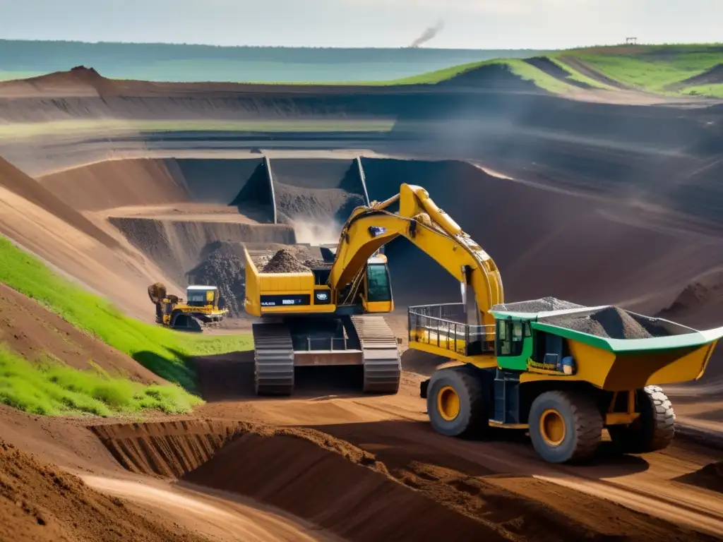 Minería sostenible: Excavadora extrae minerales en mina con energía solar y paisajes verdes