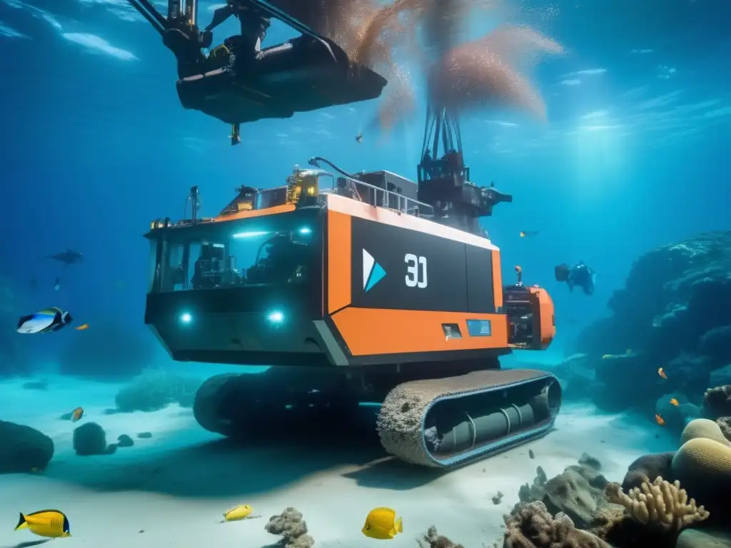 Extracción sostenible de recursos submarinos en un paisaje marino vibrante con diversa vida marina y equipo de minería submarina avanzado