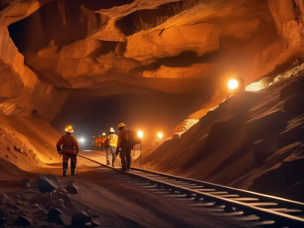 Riquezas subterráneas América: técnicas sostenibles, mineros extrayendo minerales en una operación minera subterránea iluminada por lámparas mineras