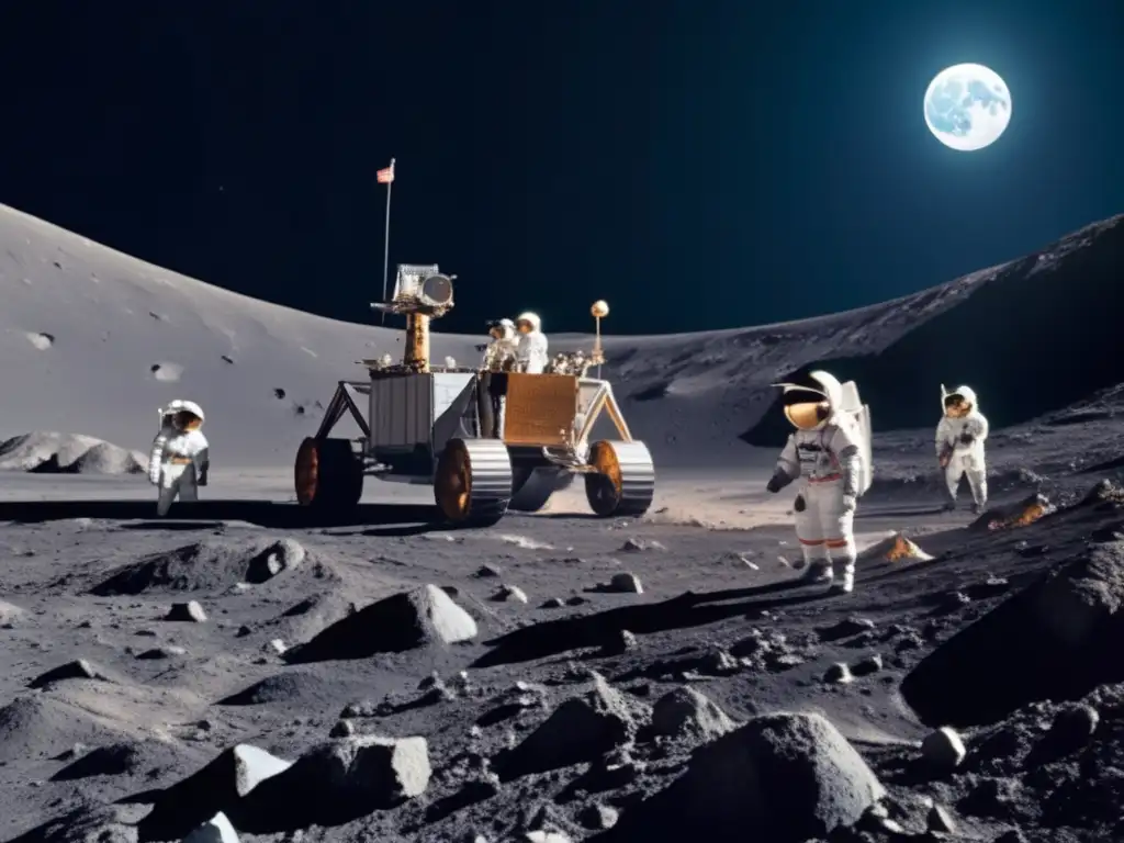 Minería sostenible en la Luna: Astronautas en trajes espaciales realizando operaciones mineras en paisaje lunar