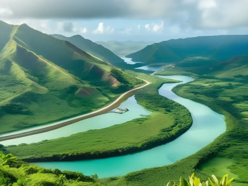 Impacto ambiental de la minería en Puerto Rico: paisaje verde con montañas, río azul y desarrollo industrial