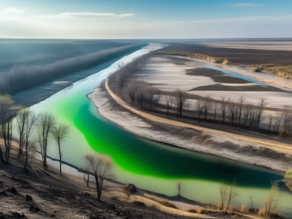 Impacto ambiental de la minería en América: paisaje devastado, río contaminado, árboles sin vida, equipo abandonado, humo tóxico