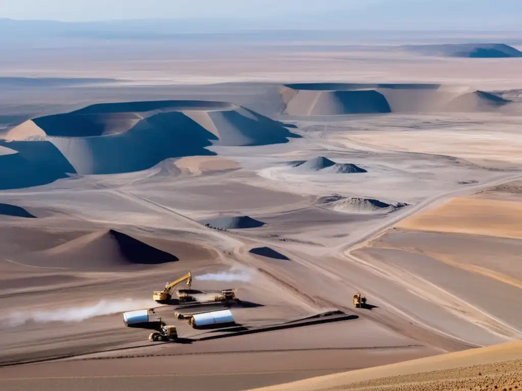 Impacto ambiental minería Pampa Argentina: vasto paisaje de la Pampa con mina a cielo abierto, maquinaria pesada y deforestación