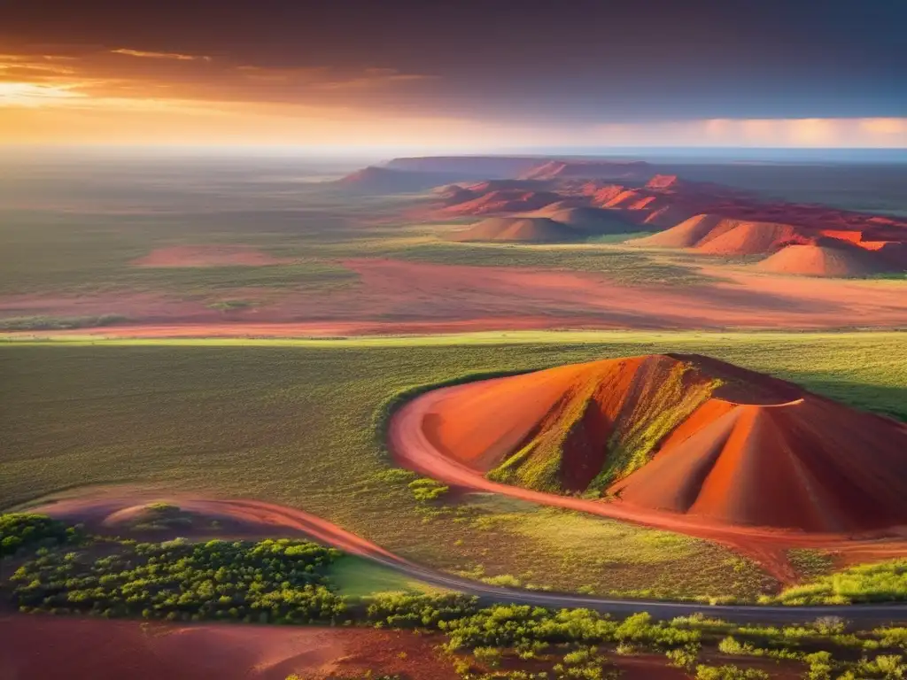 Beneficios de la minería sostenible en Pilbara Australia: paisaje único con tierra roja, flora vibrante, maquinaria minera y biodiversidad