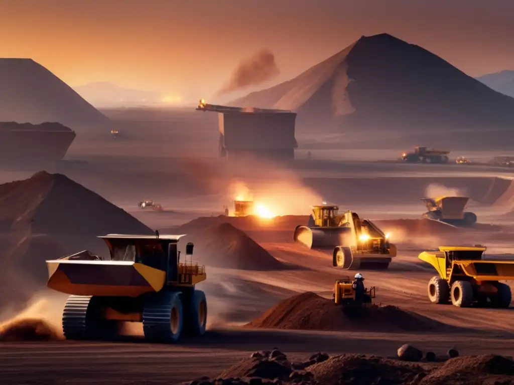 Desafíos éticos en minería: paisaje minero al atardecer con maquinaria pesada y montañas de fondo