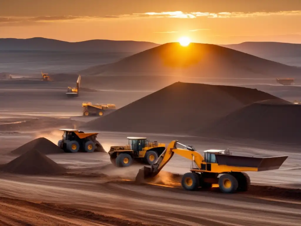 Tecnología sostenible en exploración minera, paisaje minero al atardecer