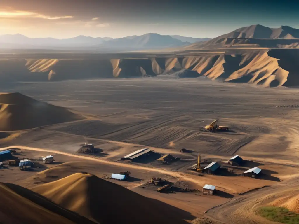 Reasentamiento en minería sostenible América: paisaje minero con comunidad afectada, montañas verdes y nubes dramáticas