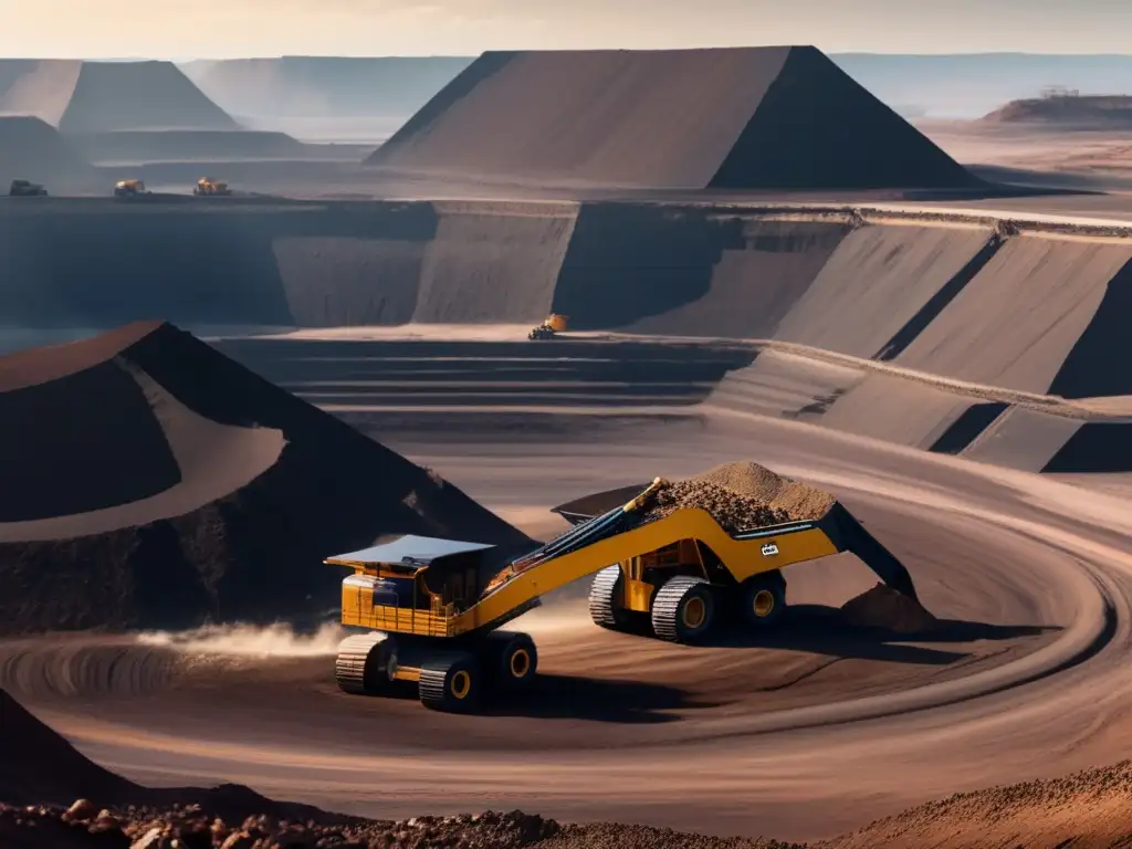 Impacto ambiental de la minería: Vasta vista panorámica de una mina a cielo abierto rodeada de paisaje desolado y humo de fábricas