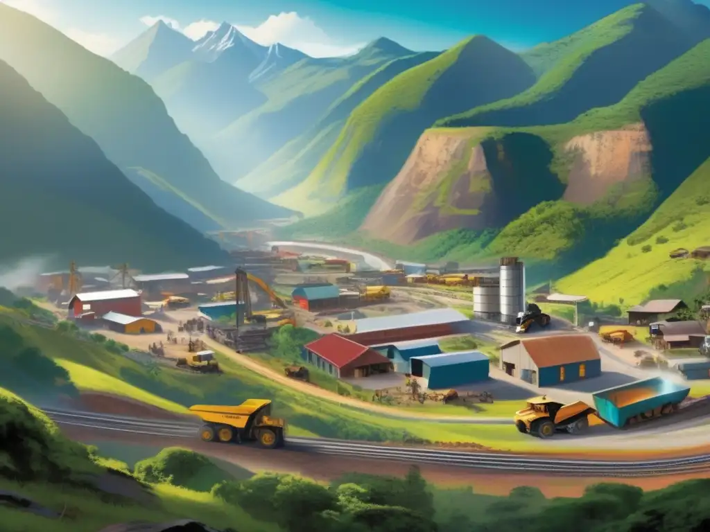 Impacto social de la minería en América: Panorama de una bulliciosa ciudad minera rodeada de majestuosas montañas, con actividad laboral, naturaleza e industria coexistiendo, y residentes preocupados y curiosos observando las operaciones mineras