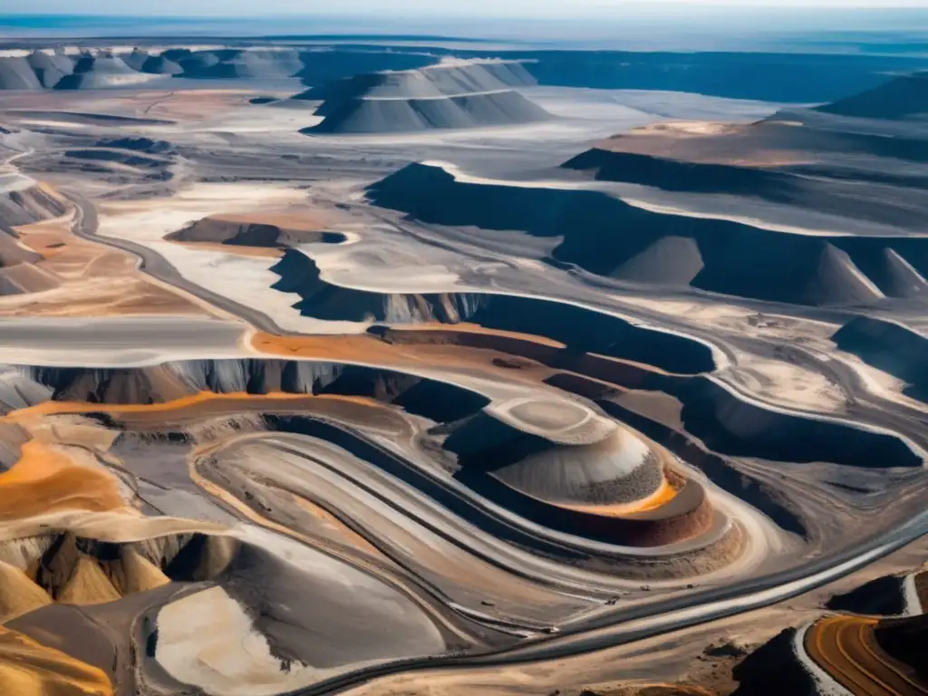 Vista aérea impresionante de paisaje minero con maquinaria pesada y colores contrastantes