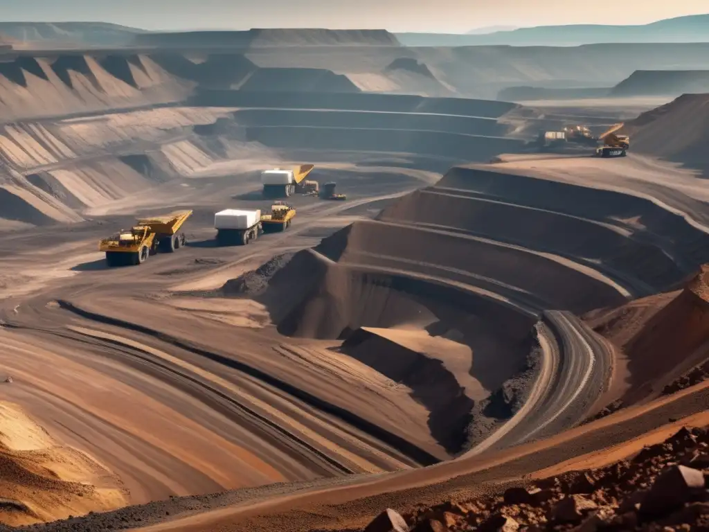 Impacto minero en la fertilidad: paisaje minero vasto, operaciones de extracción, camiones gigantes, humo industrial, contraste con naturaleza