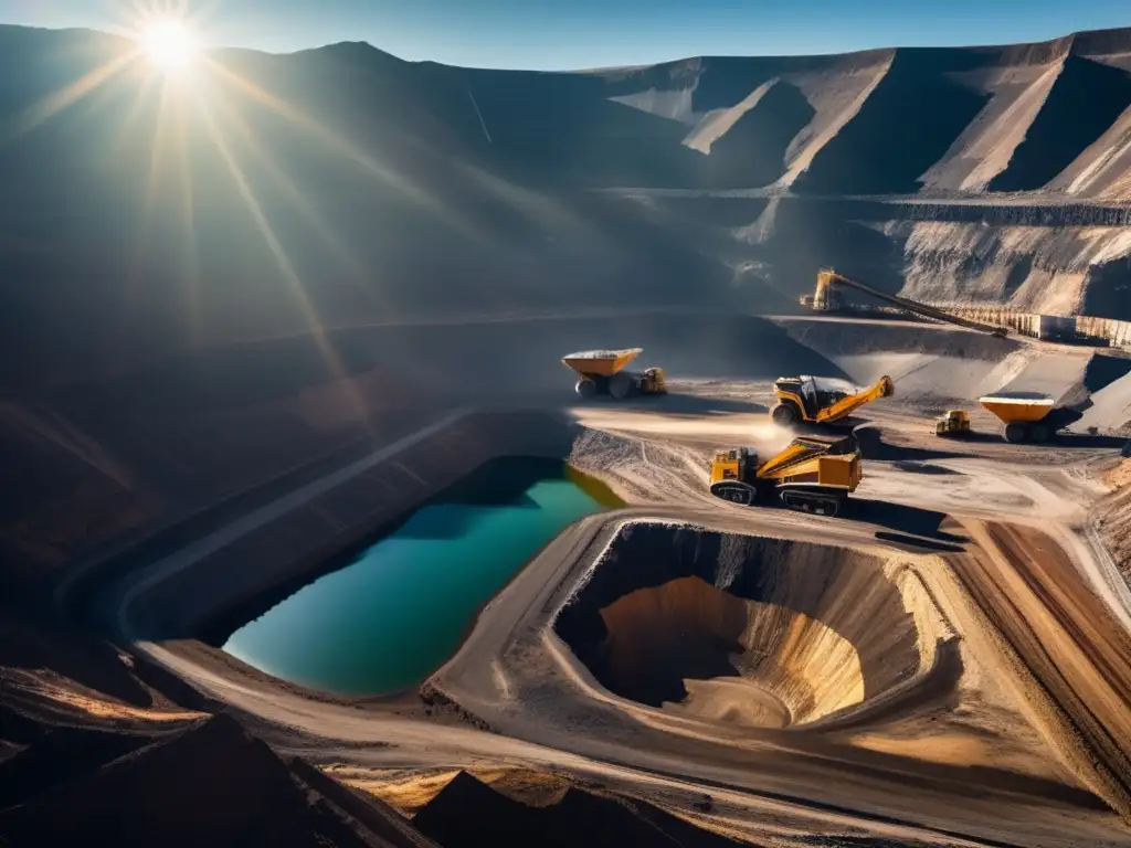 Técnicas sostenibles en minería: Impactante imagen de una mina a cielo abierto rodeada de montañas, con maquinaria y la naturaleza en contraste