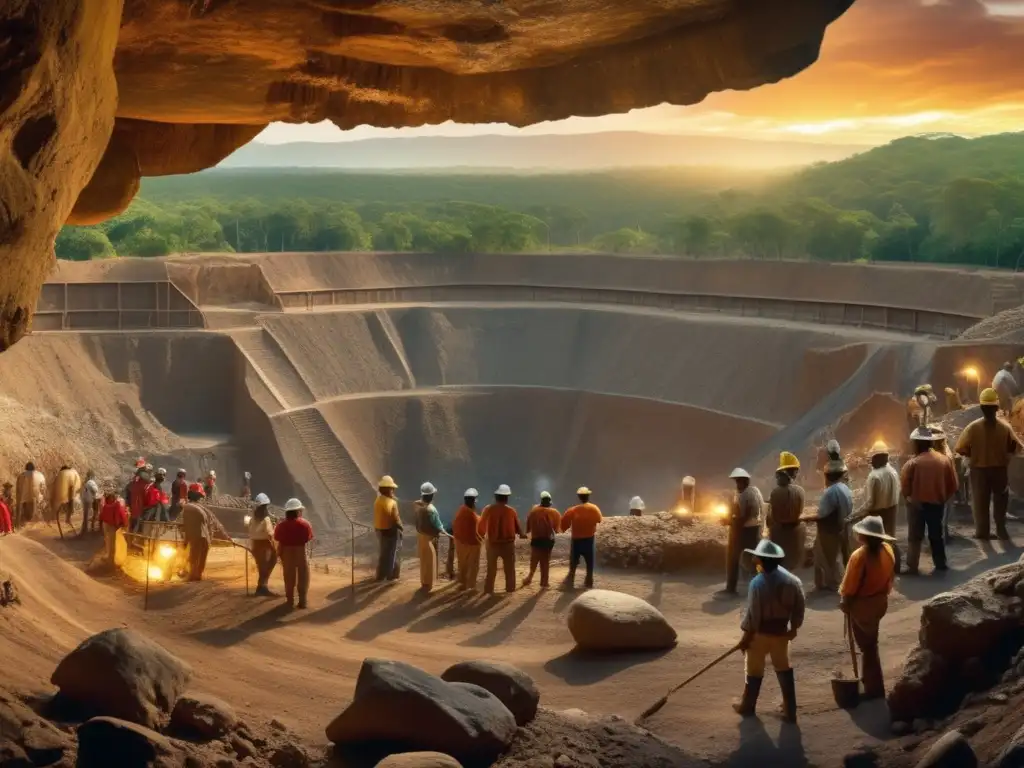 Impacto minería precolombina en América, paisaje minero con indígenas trabajando en mina y abundante vegetación