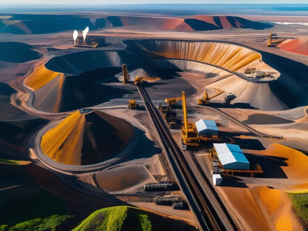 Vista aérea impresionante de paisaje remoto minero con maquinaria avanzada y tecnología de conservación de agua