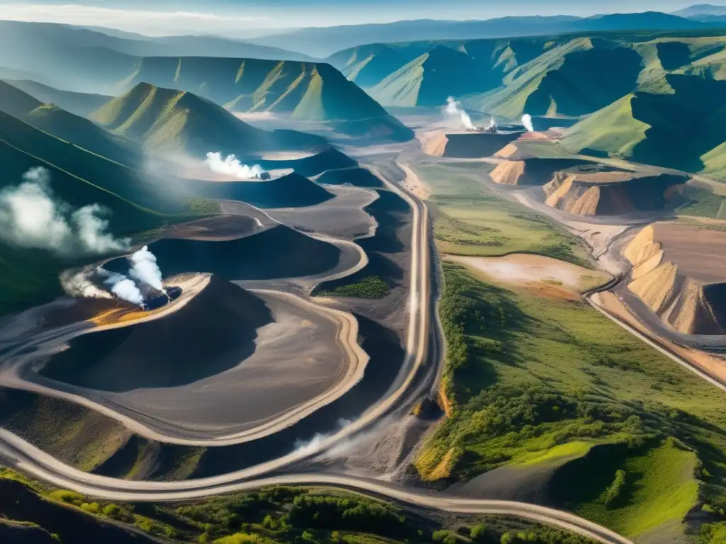 Beneficios de la minería sostenible en paisaje montañoso con operación minera, naturaleza y energía limpia