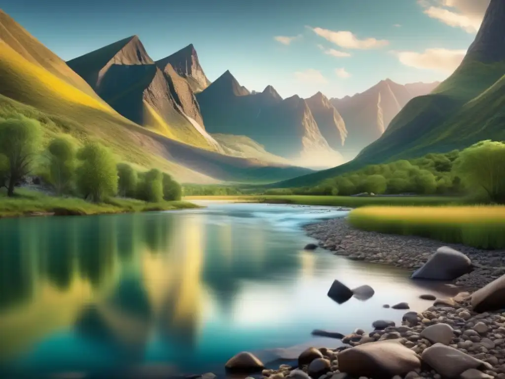 Paisaje minero con río cristalino, montañas nevadas, vegetación exuberante y actividad minera sostenible