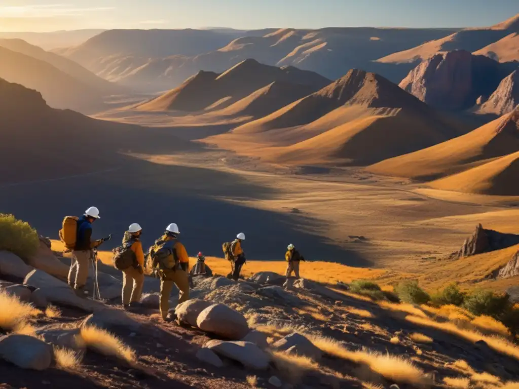 Tecnología sostenible en detección de minerales: paisaje montañoso, geólogos y equipo de alta tecnología