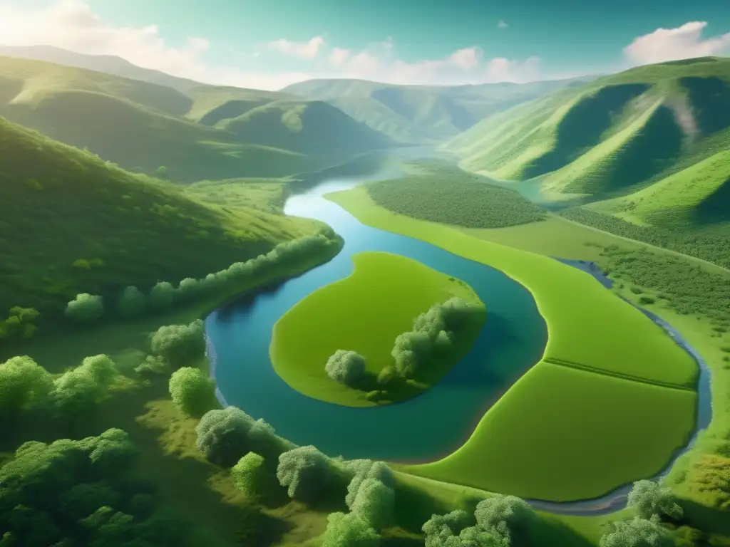Paisaje sostenible en mina responsable Beneficios del comercio justo en minería: paisaje exuberante, río cristalino, bosques densos, prácticas responsables, tecnología avanzada