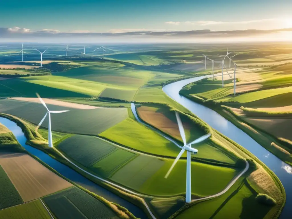 Paisaje verde con ríos, molinos de viento y planta industrial