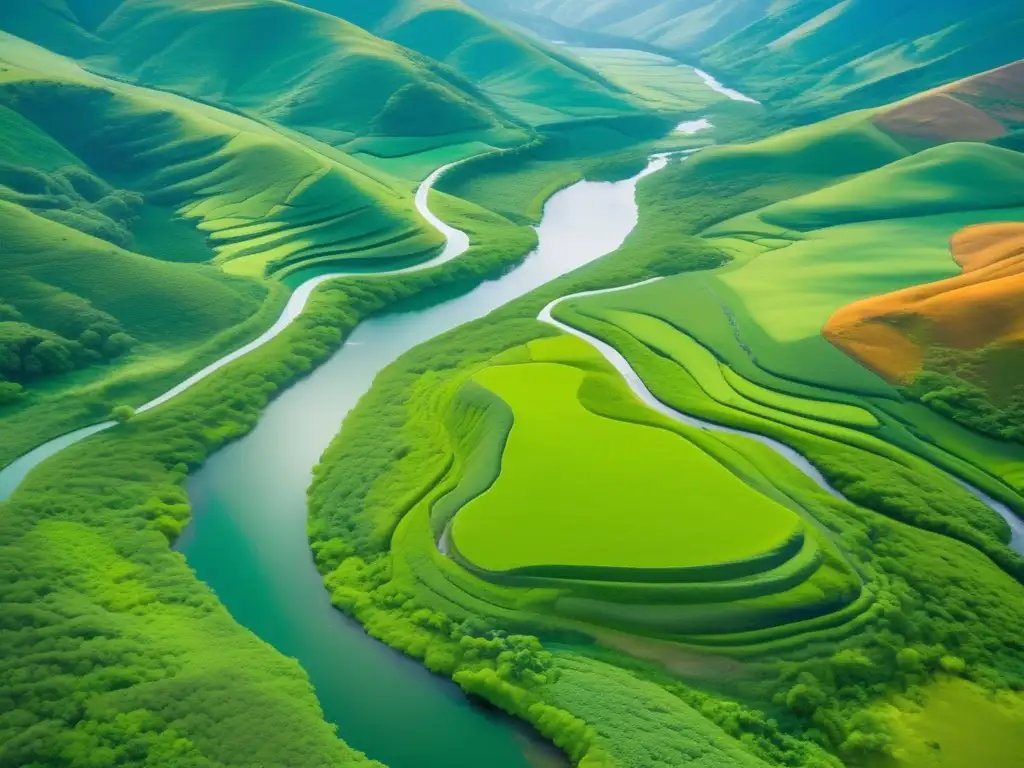 Vista aérea impresionante de un paisaje verde con geólogos analizando rocas y la importancia de la geología en la conservación