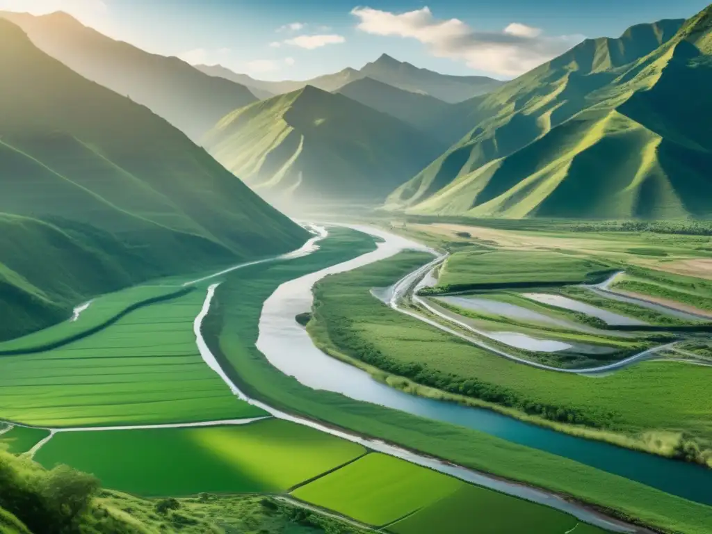 Paisaje verde con montañas, río y vegetación vibrante