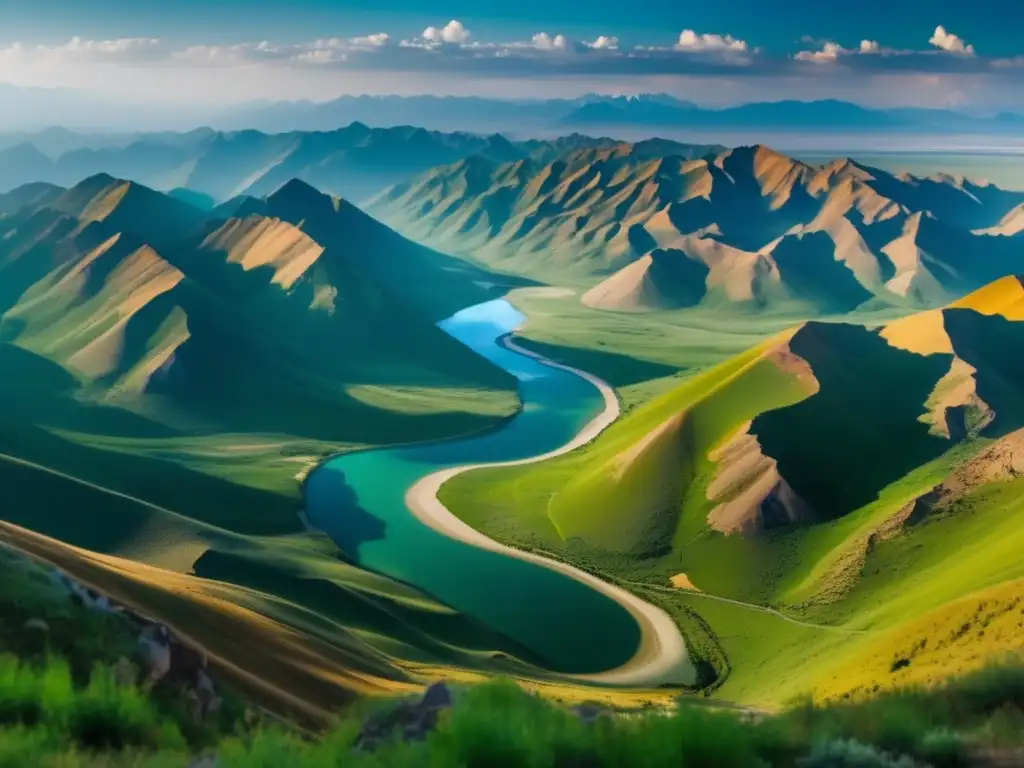 Paisaje impresionante de Kazajstán con montañas, río sereno y minería sostenible