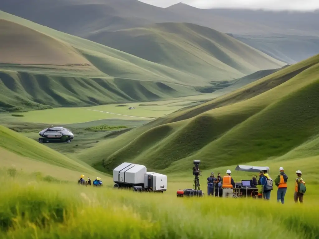 Técnicas sostenibles en minería: Geofísicos recolectando datos con equipos avanzados en un paisaje verde y montañoso