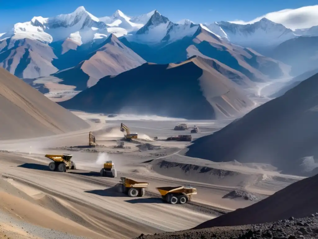 Desafío reubicación minería América sostenible: Vista panorámica de una mina en los Andes, con paisaje rocoso, maquinaria y una aldea en la distancia