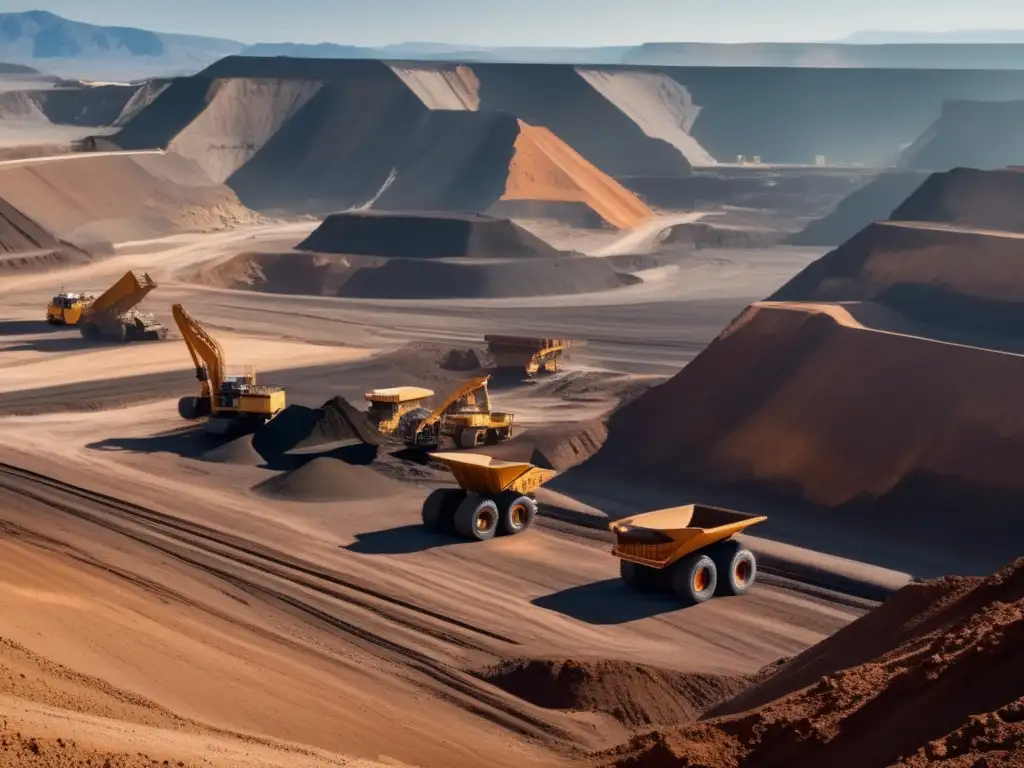 Innovaciones financieras en minería sostenible: Operación minera panorámica con montañas, camiones y excavadoras