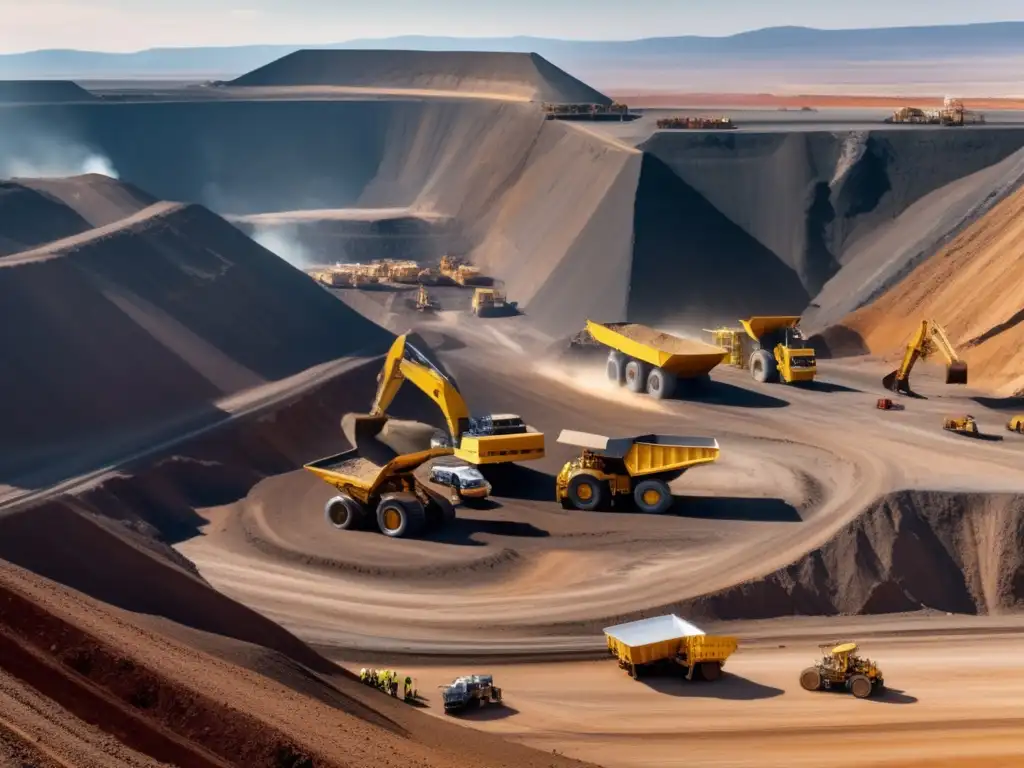 Paisaje minero con montañas y mina a cielo abierto, maquinaria pesada y trabajadores