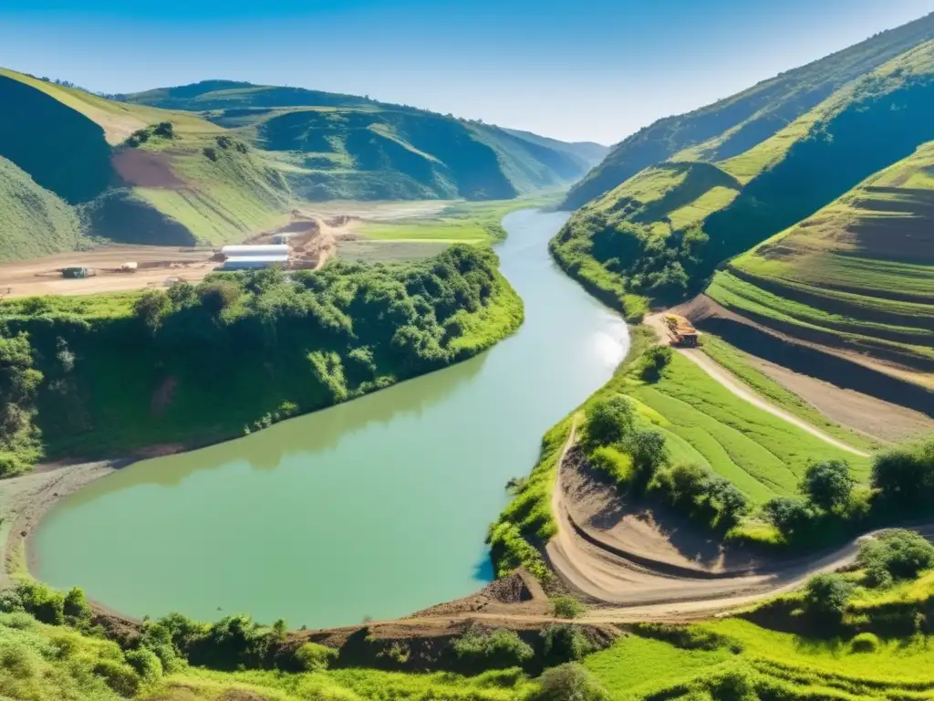 Paisaje verde con río, minería sostenible y transparencia en la industria minera: sostenibilidad y gestión de recursos