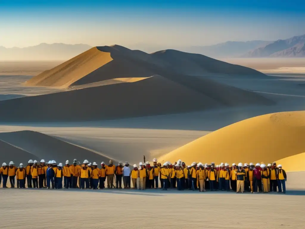 Mineros sostenibles en cultura Nazca: panorámica del desierto, armonía entre actividad humana y naturaleza