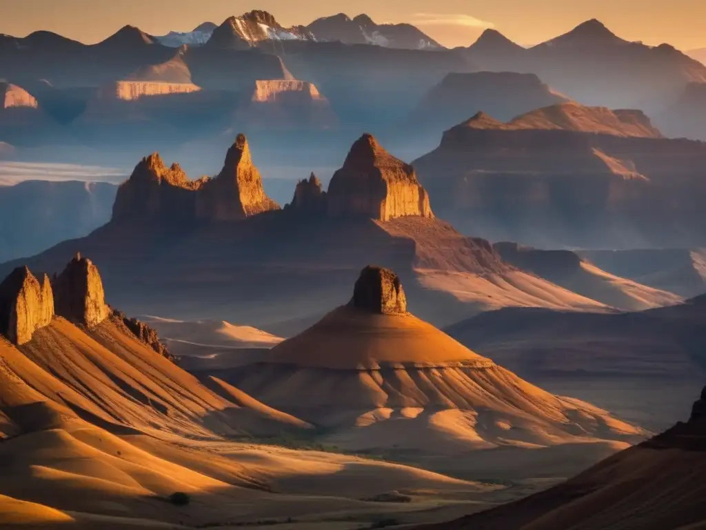 Vista panorámica de una imponente cordillera rocosa iluminada por el cálido atardecer