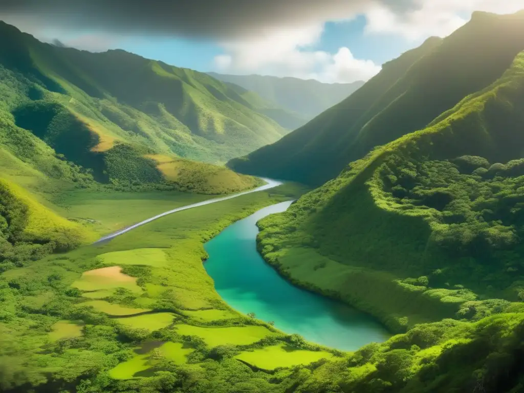 Impacto ambiental de la minería en Puerto Rico: Vista panorámica de montañas verdes, río cristalino y abundante vegetación