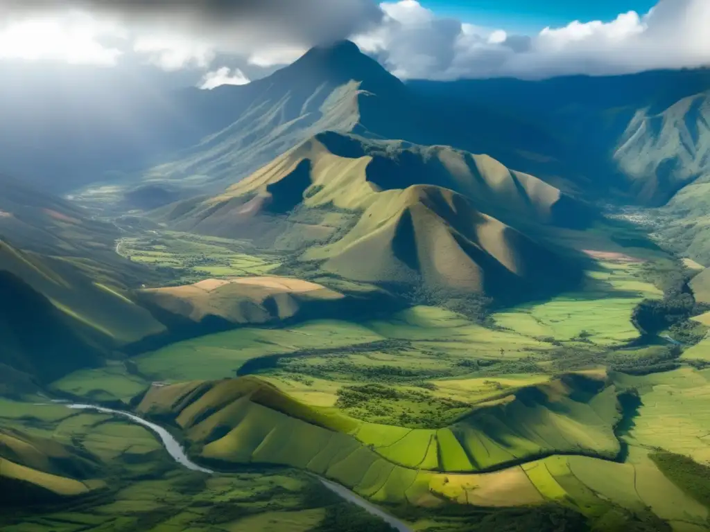 Impacto ambiental de la minería en Ecuador: vista panorámica de paisaje diverso con montañas majestuosas, ríos serpenteantes y actividades mineras